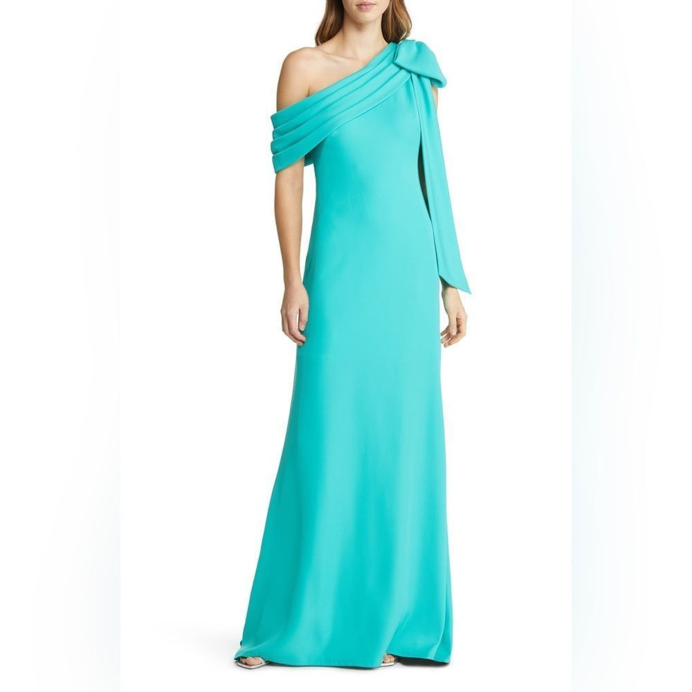 Tadashi Shoji One-Shoulder Teal Blue Crepe Bow Shoulder Column Gown Size 10 - Picture 1 of 6